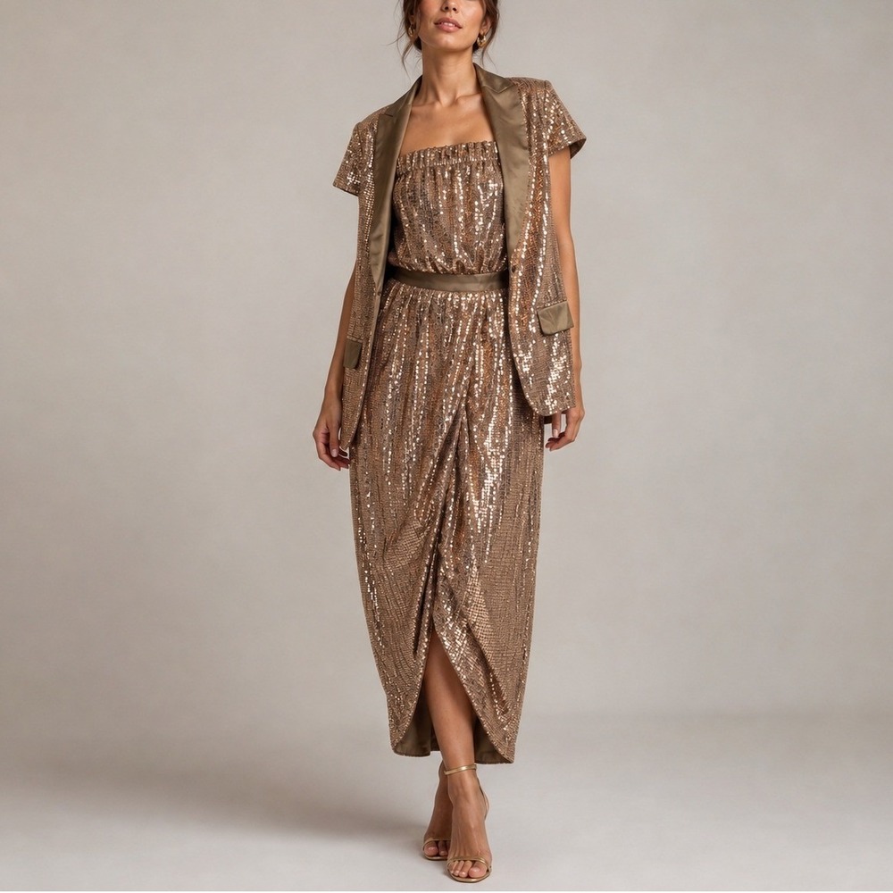 Tibi New York Sequin Jacket Strapless Dress Set 4/6 Rose Gold Formal Evening